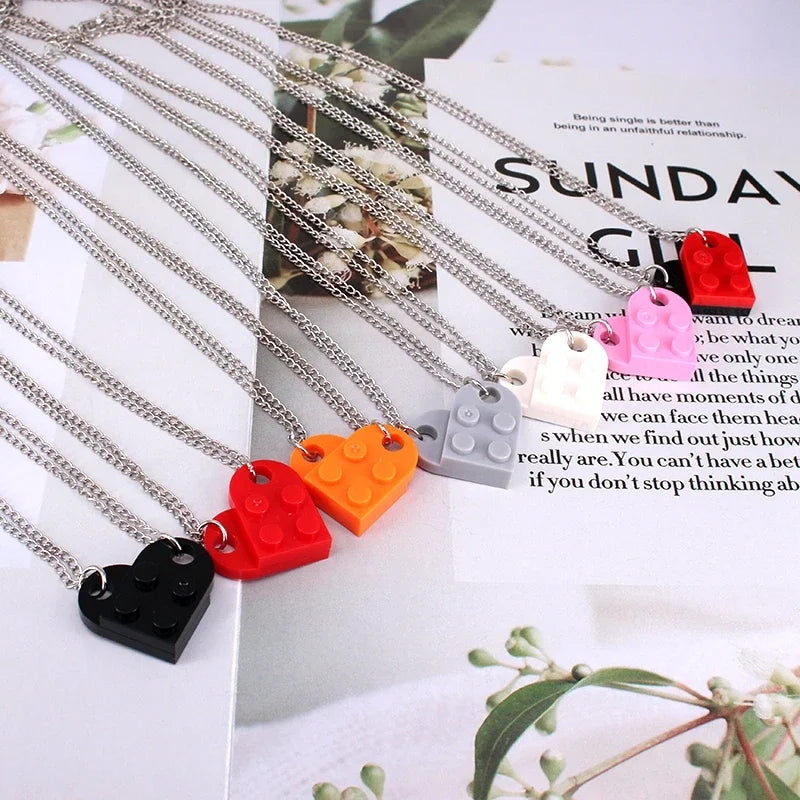 2pcs Punk Heart Brick Couples Love Necklaces for Women Men Lovers Friends Chains Necklaces Valentines Gift Jewelry