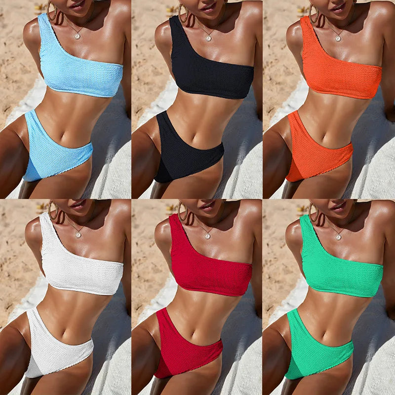 One Shoulder Bikini Textured Swimwear High Cut Swimsuit Solid Bathing Suit Women Brazilian
