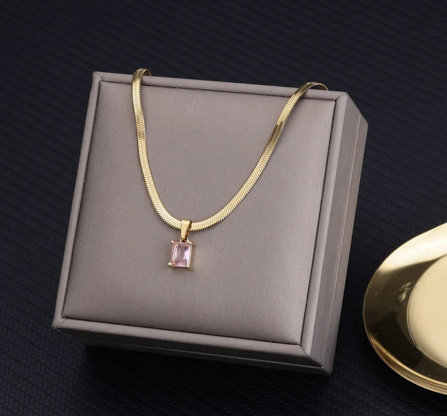 Vintage Rust Steel Zircon Necklace Flat Snake Bone Chain Blade Chain Square Emerald Pendant Necklace Women-Dollar Bargains Online Shopping Australia