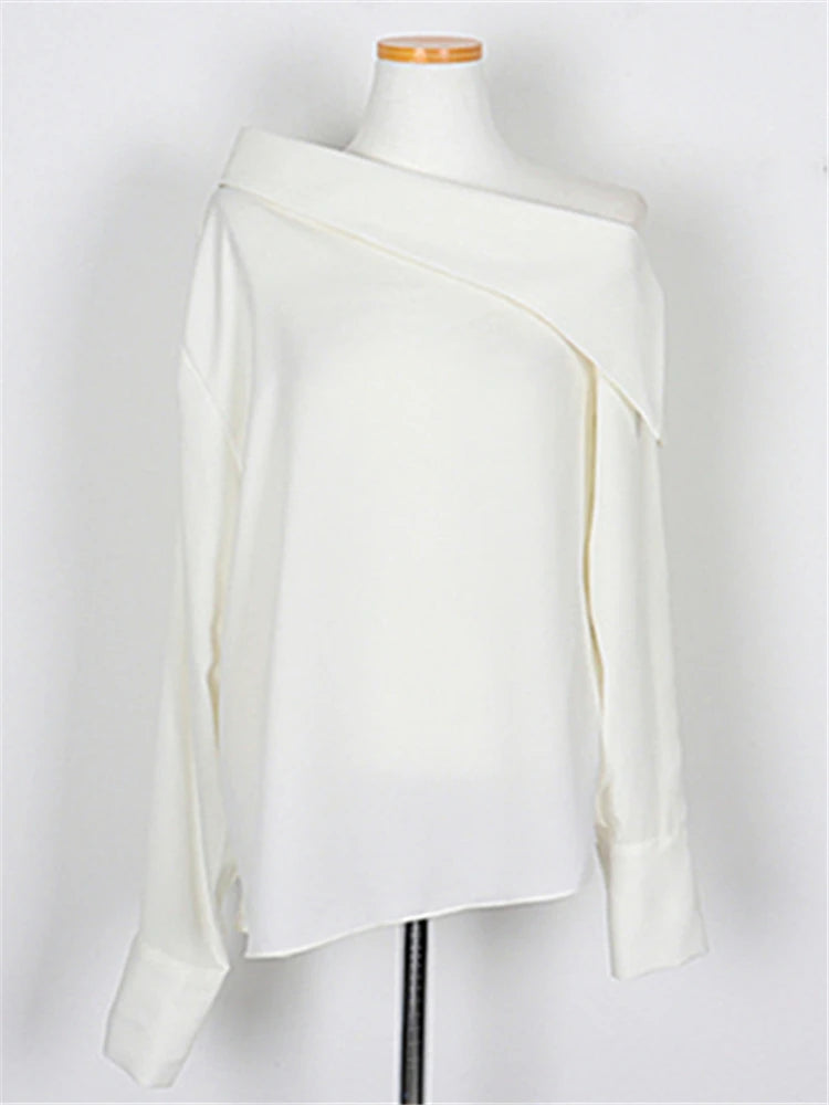 Elegant Office Korean Style Lady One Shoulder Sexy Wild Women Spring Summer Cold Blouses Shirts Tops
