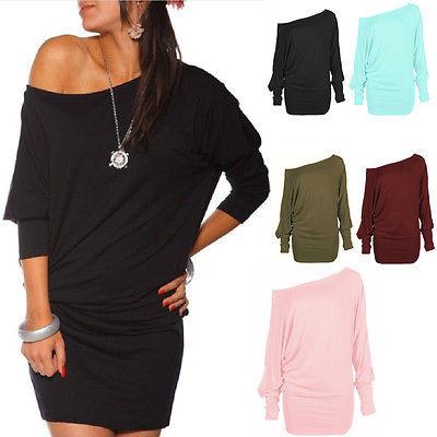 Womens Long Sleeve Off Shoulder Mini Batwing Tunic Short Dress Long Top short vestidos dress party dresses