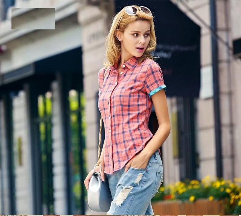 Veri Gude Plaid Shirts Women Short Sleeve Cotton Blouse for Contrast Color