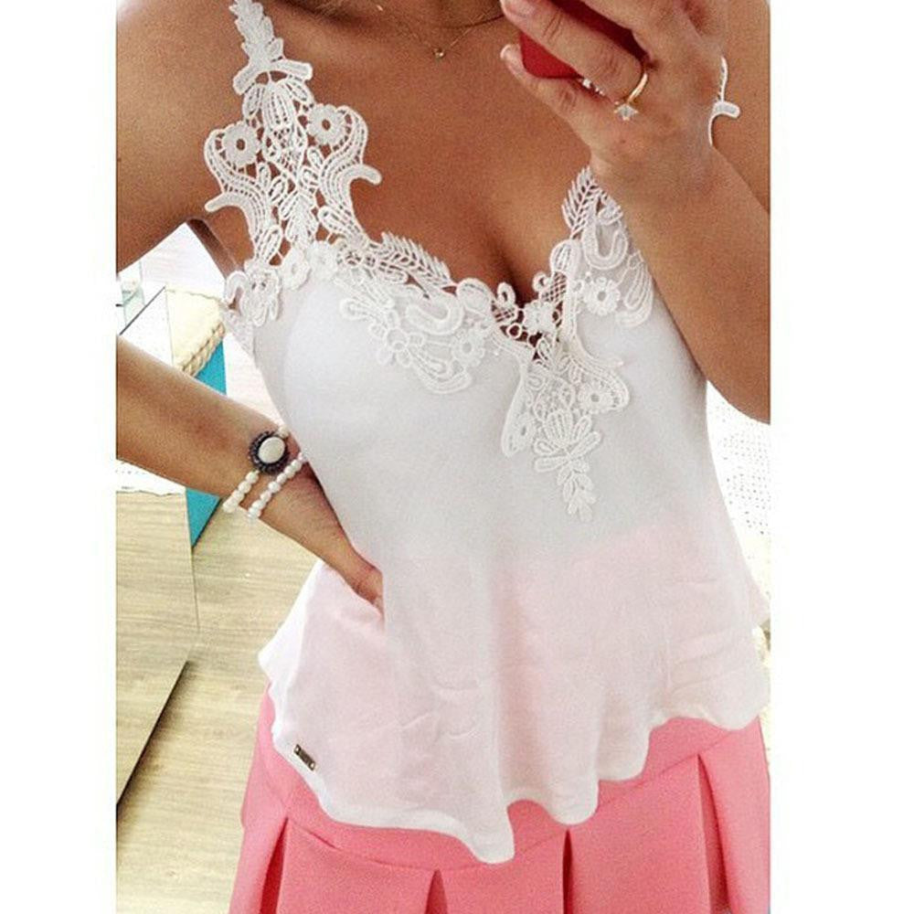 Girls Women White Lace Blouse Deep V Vest Shirts Tops