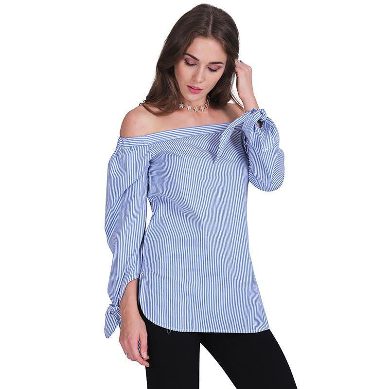 Online discount shop Australia - Elegant bow blue off shoulder female blouse shirt Sexy girls white blouse Women tops striped