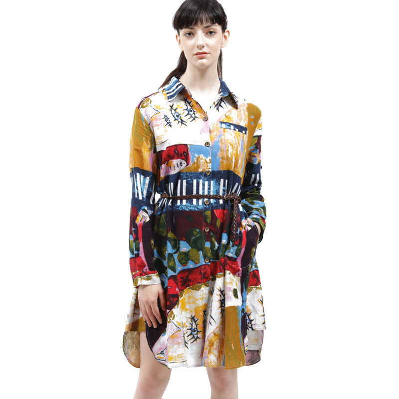 Online discount shop Australia - cotton and linen ethnic Graffiti printed plus size women's clothing long sleeve long shirt blouse real photo