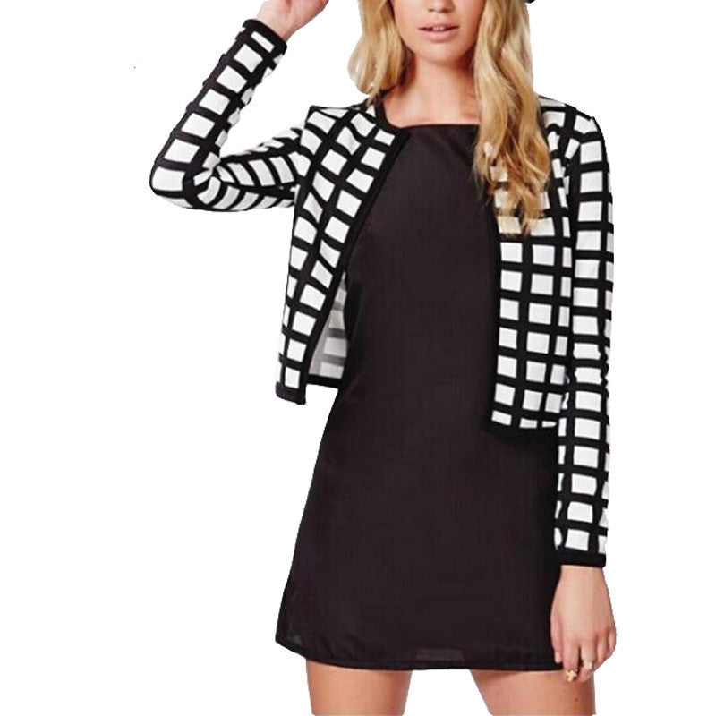 white black check plaids print thin bomber women jacket cardigan