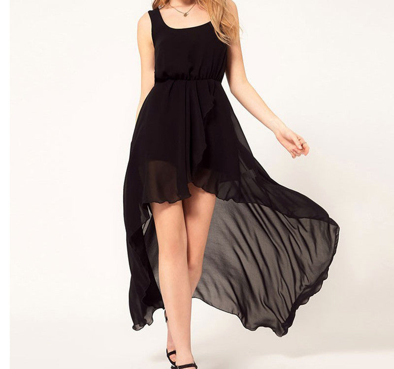 Online discount shop Australia - Chiffon Women Dress Sexy Irregular Dresses Plus Size Fashion Black Dovetail Mixi Dress Round Neck Vest Beach Long Dress