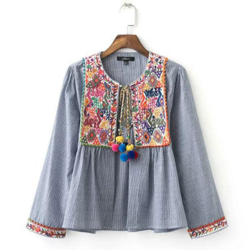 Online discount shop Australia - Ethnic Striped Print Geometric Embroidery Shirt jacket Strappy ball tassel Cardigan Blouse Top chemise Long Sleeve Blouse