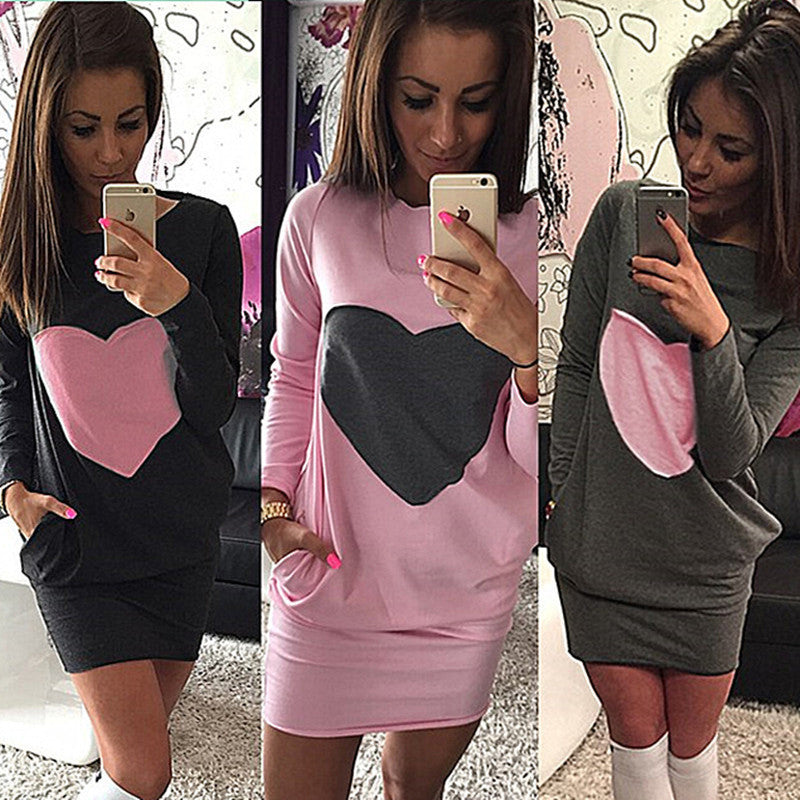 S-XL Pocket Design Winter Dress Women's Bodycon Print Dresses Lady Plus Size Long Sleeve Dress