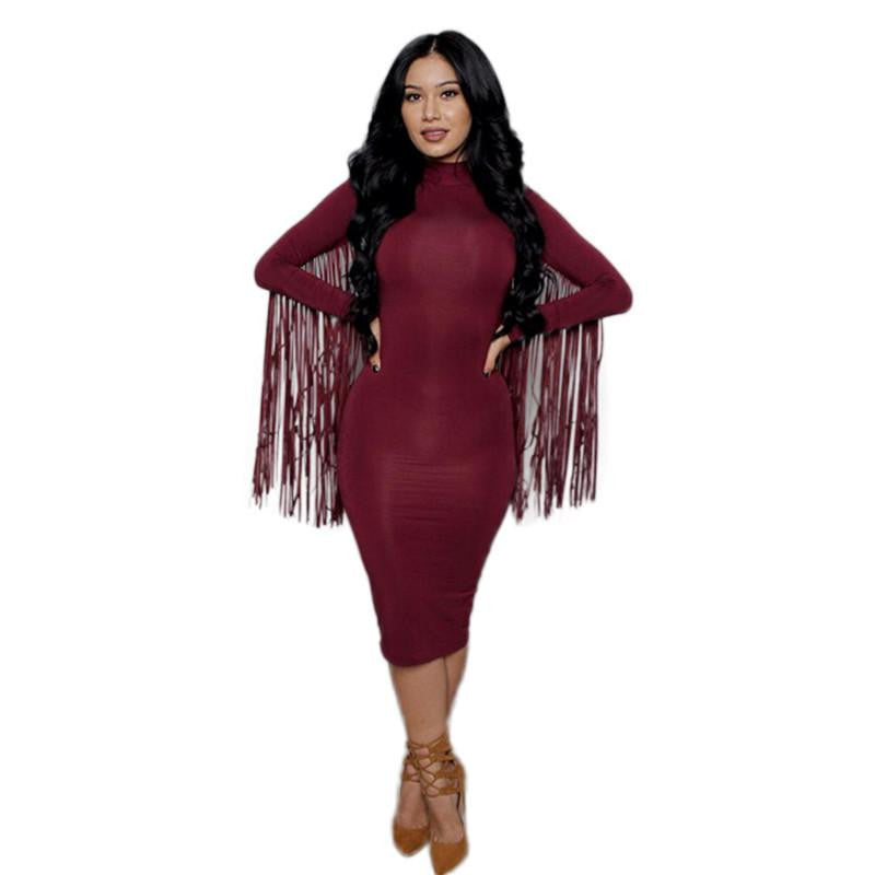 Women Back Fringe Tassel Long Sleeve Fitted Slim Bodycon Dress paragraph bandage party dress black