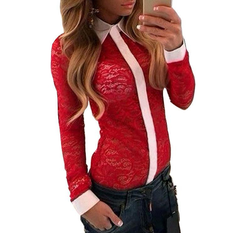 Lace Turn Down Collar Blouse Long Sleeve Shirt Women Hollow Splice Women Blouse Nightclub Women Clothing