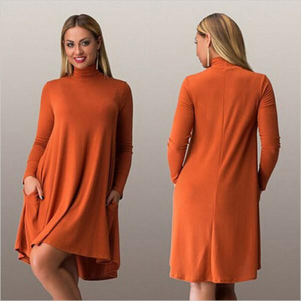 Women dress loose dress Long Sleeve big size dresses turtleneck solid knee-length Dress