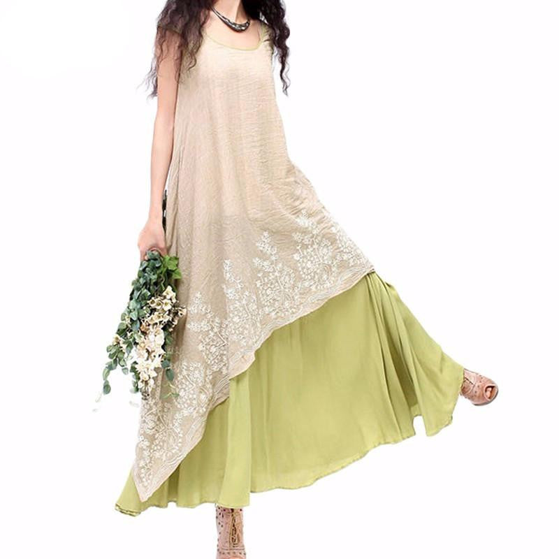 Summer Women Vintage Casual Loose Dress O Neck Short Sleeve Floral Embroidery Two Layers Dress Oversized