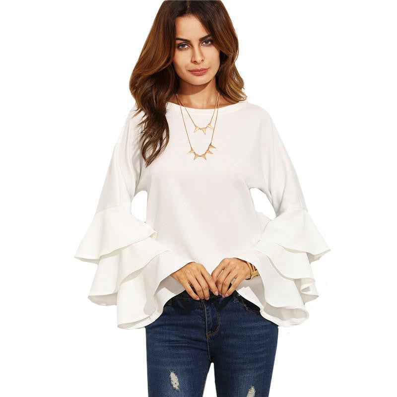 White Round Neck Ruffle Long Sleeve Shirt Ladies Work Wear Fashion Tops Women Vogue Blouse