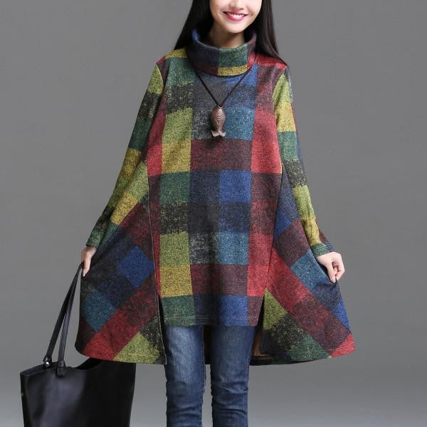 Winter Dress Plus Size Women Clothing Loose Casual Winter Dress Heap Turtleneck Irregular Plaid Thickening Cotton Dress Vestidos