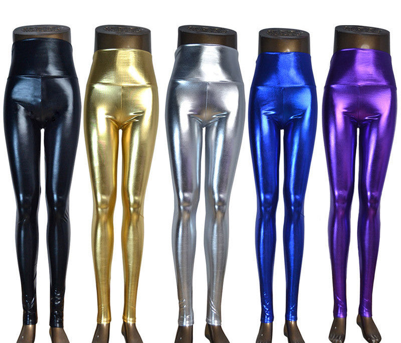 Plus Size High waist Shiny Wet Liquid Look PU Faux Leather Metallic Stretch Leggings Pants S/M/L/XL