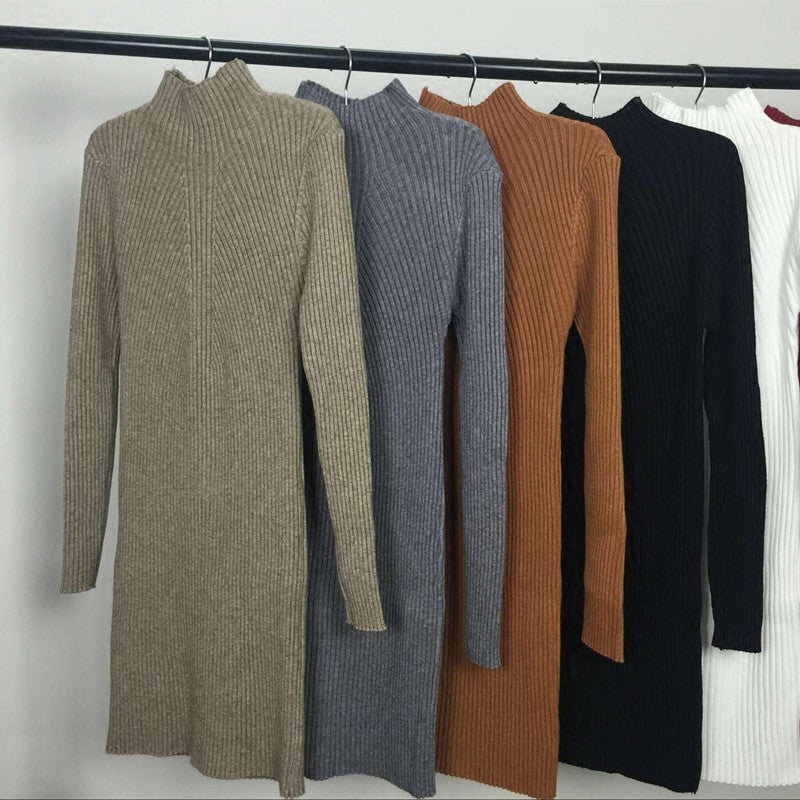 Online discount shop Australia - Autumn Winter Women Dress Slim Sexy S-Line Medium Style Knitted Dress Basic Solid Half Turtleneck Black Sweater Dress