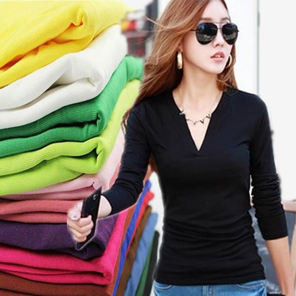 Online discount shop Australia - Factory Price New women basic V Neck Long Sleeve fitted plain top solid stretch shirt S-M
