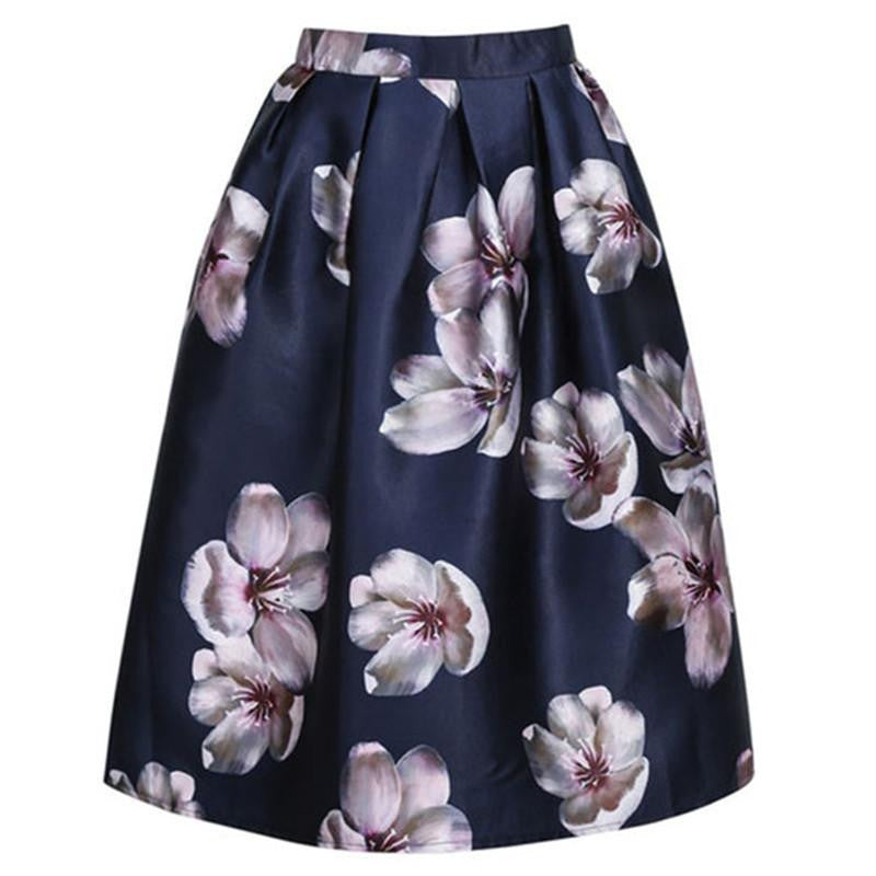 Women Peach Floral Print Elastic High Waist Pleated Long Midi Skater Skirt 3 Colors In Stock Spring