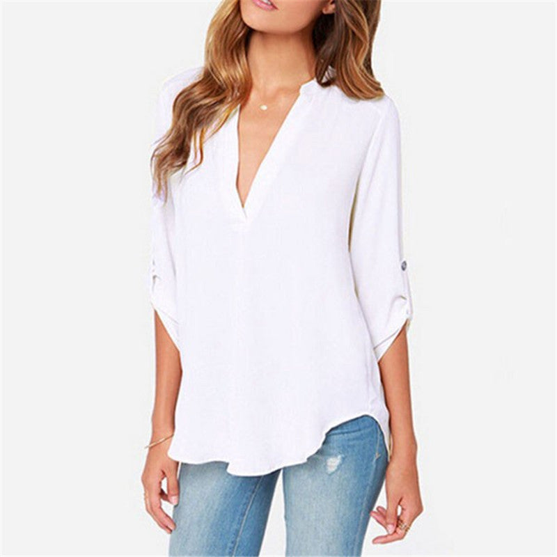 Plus Size S-5XL Women OL V Neck Folds Long Sleeve Casual Chiffon Blouse regata Tops 7 colors