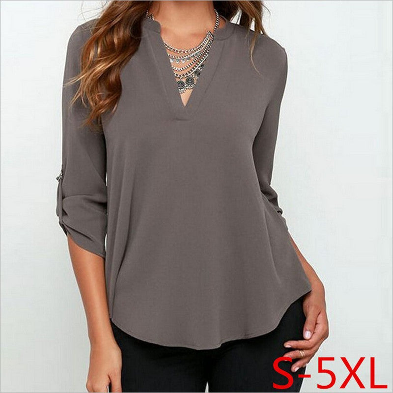 Plus Size S-5XL Women OL V Neck Folds Long Sleeve Casual Chiffon Blouse regata Tops 7 colors