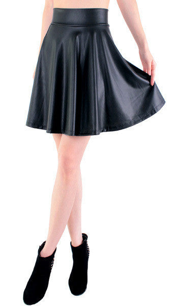 Online discount shop Australia - high waist faux leather skater flare skirt mini skirt above knee solid color skirt S/M/L/XL
