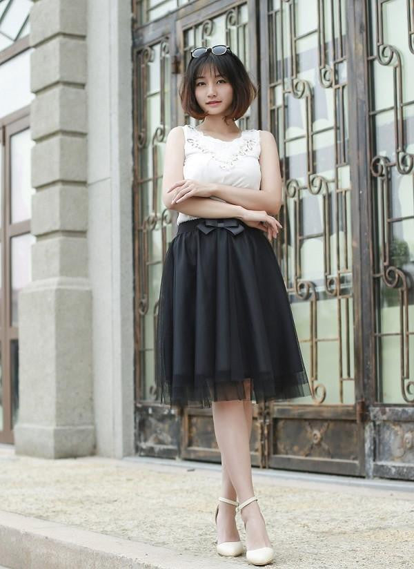 Tulle Skirt Summer Style Elastic Waist Bow Skirts Womens Pleated Tutu Plus Size 6 Colors