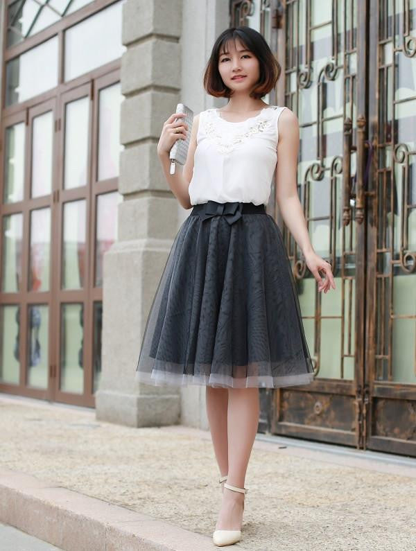 Tulle Skirt Summer Style Elastic Waist Bow Skirts Womens Pleated Tutu Plus Size 6 Colors