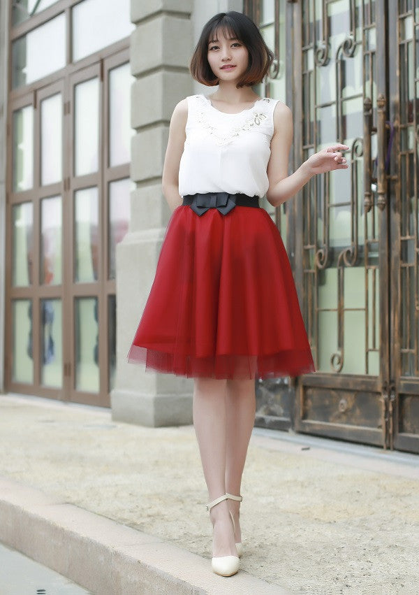 Tulle Skirt Summer Style Elastic Waist Bow Skirts Womens Pleated Tutu Plus Size 6 Colors