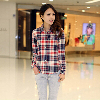 Online discount shop Australia - Fashion Plus Size Ladies Long Sleeve Casual Cotton Slim Plaid Shirt Women Tops Blouse Clothing Outerwear