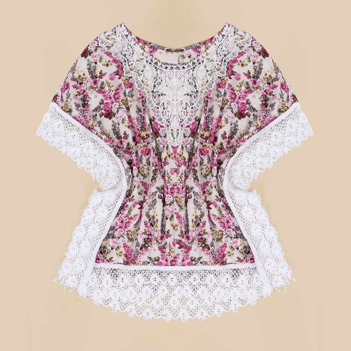 Online discount shop Australia - Ladies Tops Women Style Blouse Batwing Short Sleeve Floral Lace Edge Shirts Plus Size 3XL