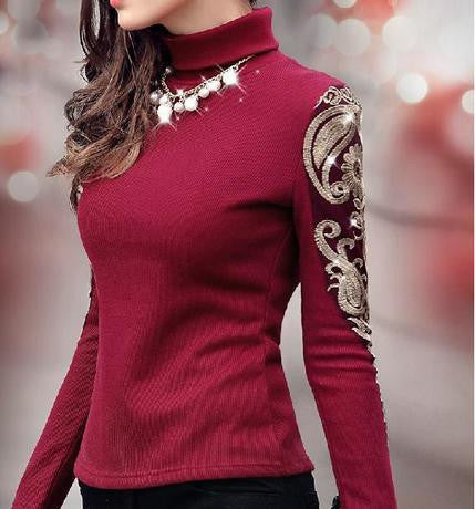 Warm VELVET Blouse for Women Fleece Turtleneck Plus Size Woman Shirt Office Top Workwear Black,Red M~3XL