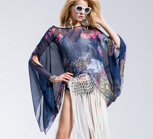 Online discount shop Australia - Casual Fashion Floral Women Ladies Sexy Batwing Sleeve Loose Chiffon Floral Printed Blouse Tops