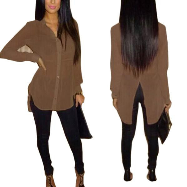 Women Back Split Long Sleeve Chiffon Blouses Shirt V-Neck Button Decoration Tops S --4XL
