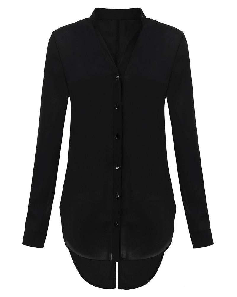 Women Back Split Long Sleeve Chiffon Blouses Shirt V-Neck Button Decoration Tops S --4XL