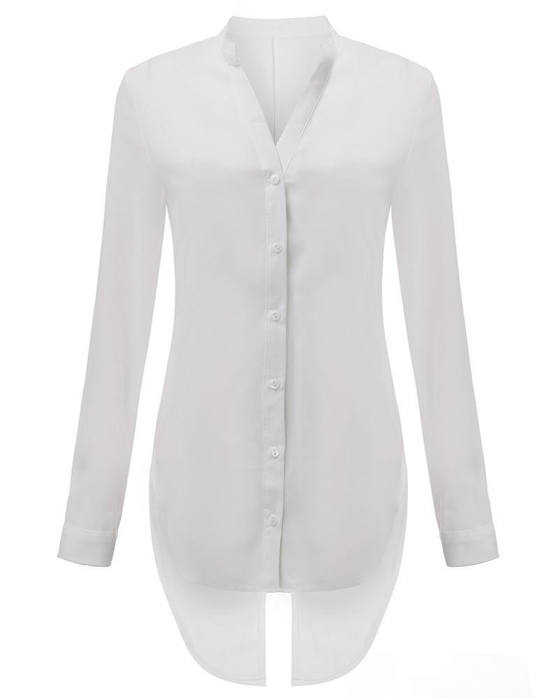 Women Back Split Long Sleeve Chiffon Blouses Shirt V-Neck Button Decoration Tops S --4XL