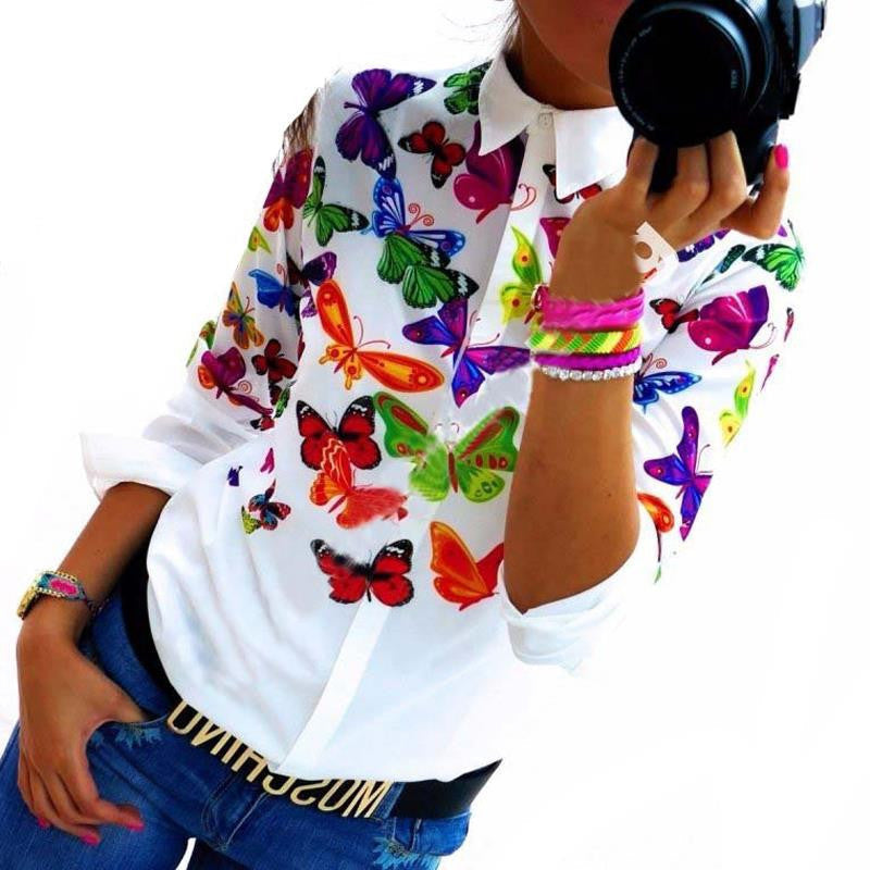 Online discount shop Australia - Floral Butterfly Printed Women Chiffon Blouses White Shirts Casual Office OL  Women Tops