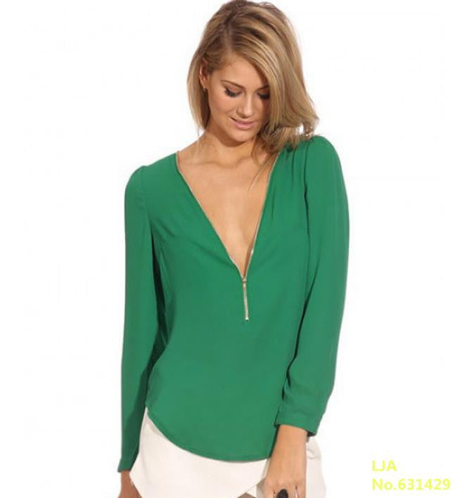 Fashion V Neck Long Sleeve Zipper Chiffon Blouses Women work wear Tops 6 Color Solid