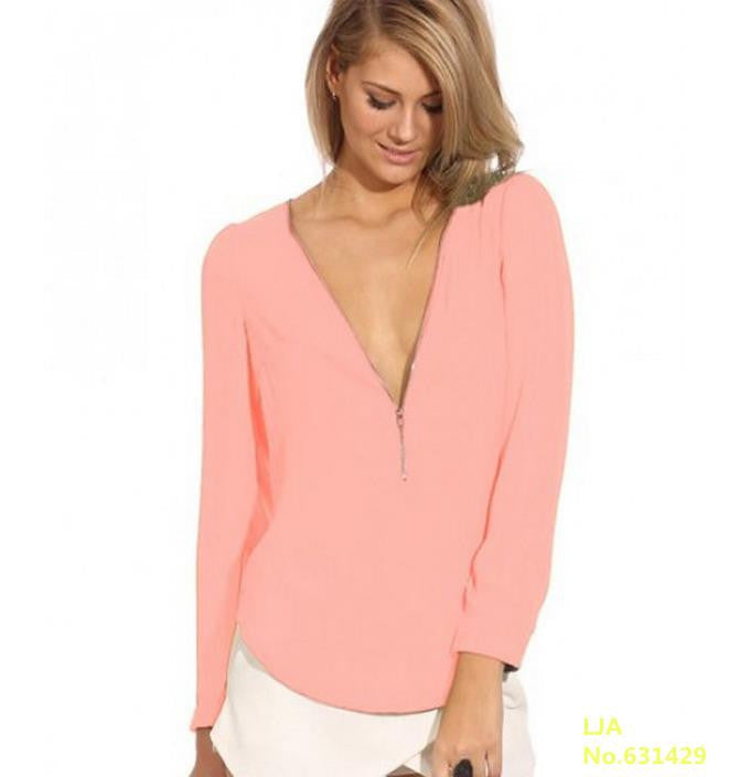 Fashion V Neck Long Sleeve Zipper Chiffon Blouses Women work wear Tops 6 Color Solid