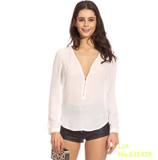 Fashion V Neck Long Sleeve Zipper Chiffon Blouses Women work wear Tops 6 Color Solid