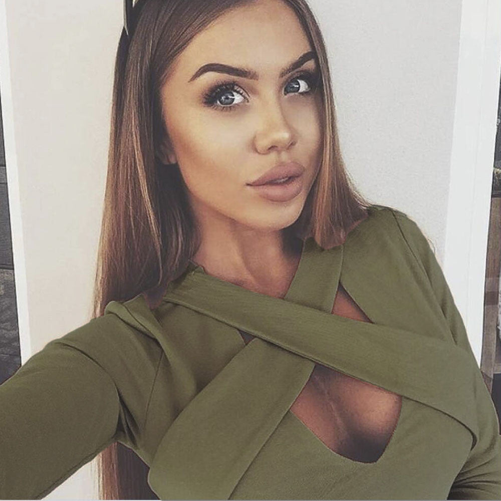 Online discount shop Australia - Khaki White Black Long Sleeve Criss Cross Short  Women Skinny Elastic Sexy Party Club Crop Tops