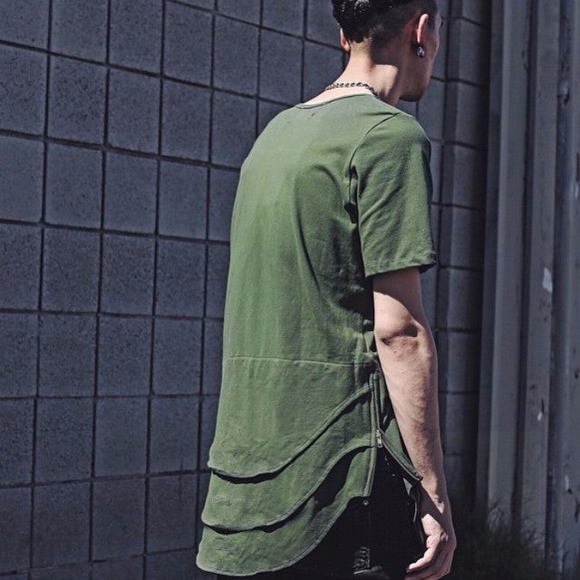 Online discount shop Australia - Justin Bieber Extended T shirt Mens Fishtail Multi Fold Curved Hem Side Zipper Short Sleeve Longline T shirts Hip Hop KANYE