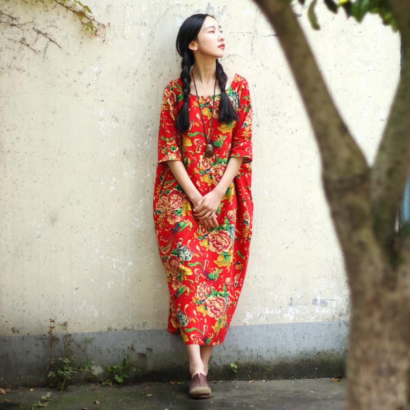 SERENELY Summer Dress Plus Size Women Dress Loose Casual Dresses Vintage Printed Linen Dress Party Dresses D04