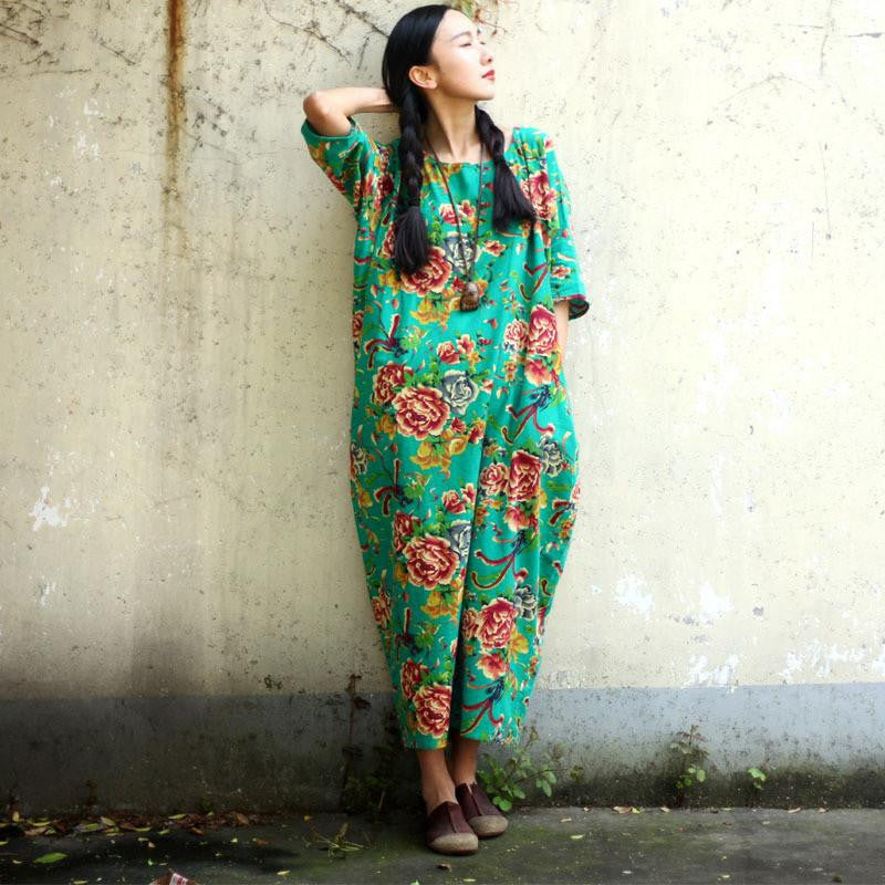 SERENELY Summer Dress Plus Size Women Dress Loose Casual Dresses Vintage Printed Linen Dress Party Dresses D04