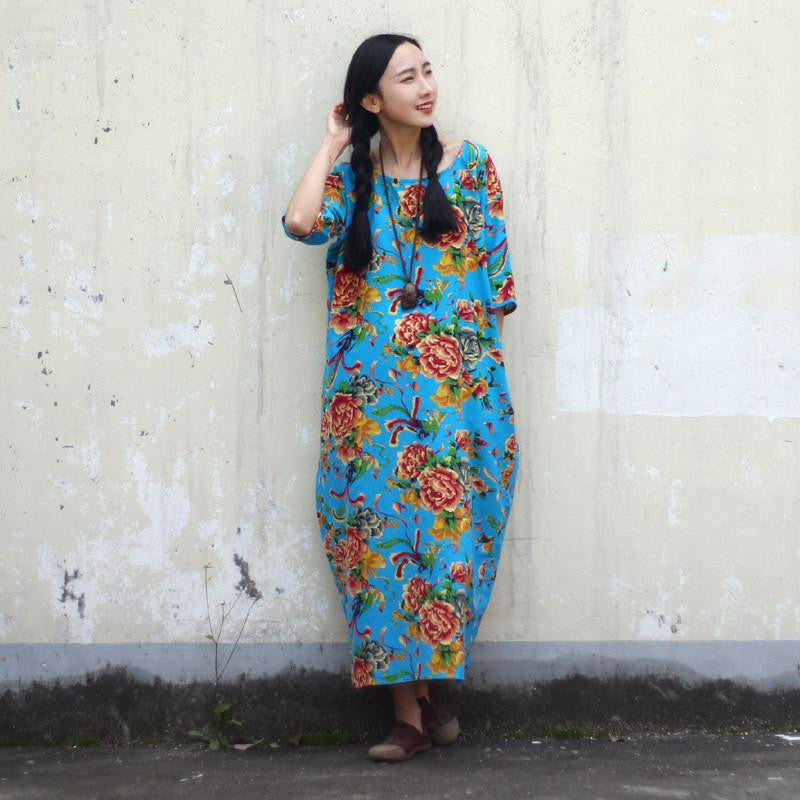 SERENELY Summer Dress Plus Size Women Dress Loose Casual Dresses Vintage Printed Linen Dress Party Dresses D04