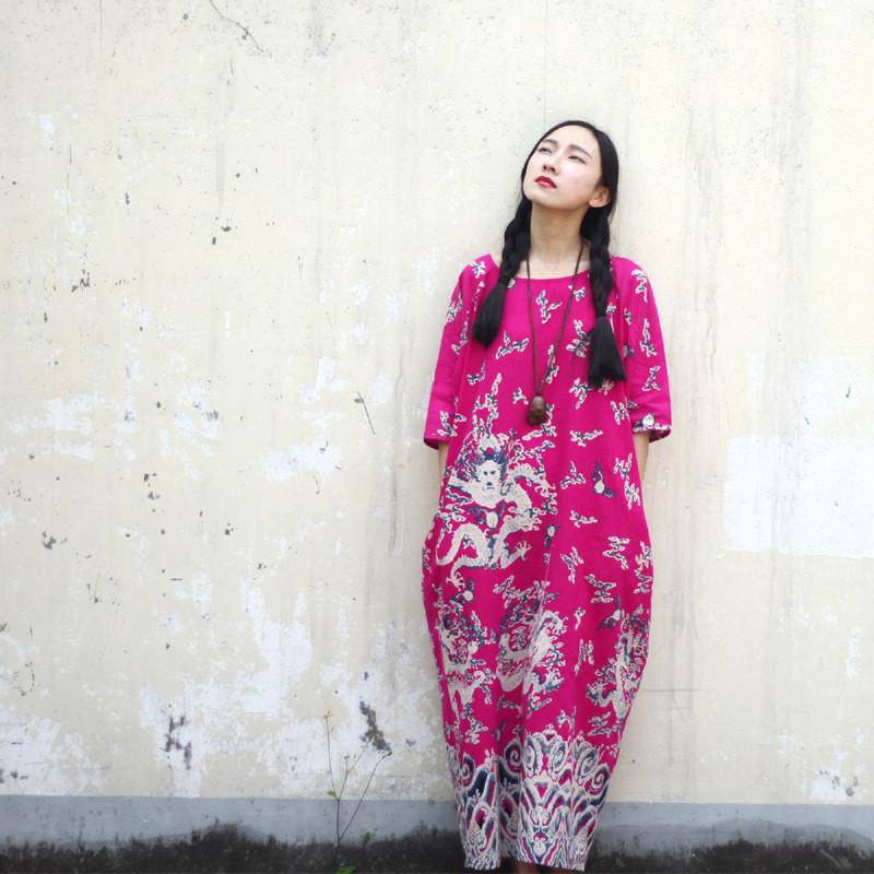 SERENELY Summer Dress Plus Size Women Dress Loose Casual Dresses Vintage Printed Linen Dress Party Dresses D04