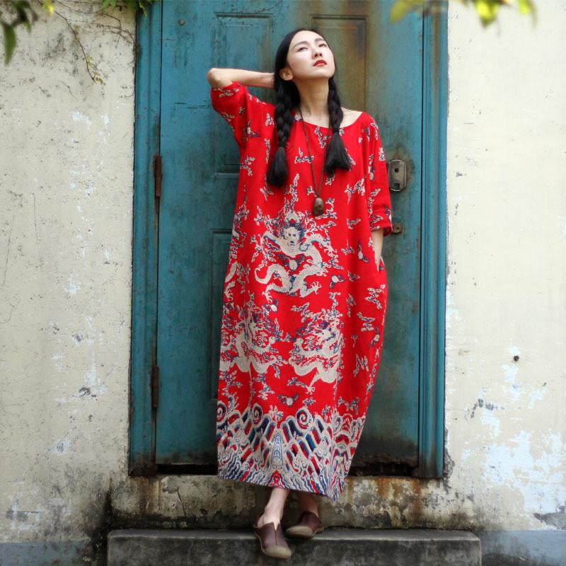 SERENELY Summer Dress Plus Size Women Dress Loose Casual Dresses Vintage Printed Linen Dress Party Dresses D04