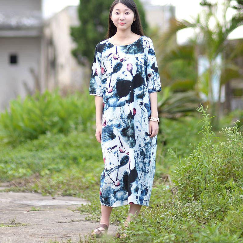 SERENELY Summer Dress Plus Size Women Dress Loose Casual Dresses Vintage Printed Linen Dress Party Dresses D04