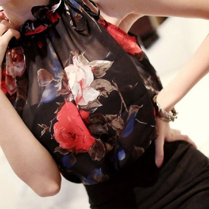 Fashion Clothing Floral Chiffon Halter Women Tops Loose Shirt Wild Casual Womens HE008