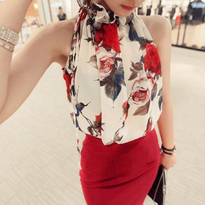 Fashion Clothing Floral Chiffon Halter Women Tops Loose Shirt Wild Casual Womens HE008